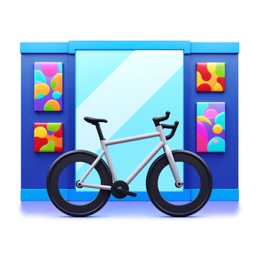 A Peloton bike positioned in front of a large mirror. The mirror reflects the bike's sleek design, showcasing its features. The walls surrounding the bike are adorned with vibrant abstract art, filled with a mix of colors and shapes. The art adds a dynamic backdrop to the scene, enhancing the workout environment. The overall composition highlights the modernity of the Peloton bike against the artistic wall decorations.