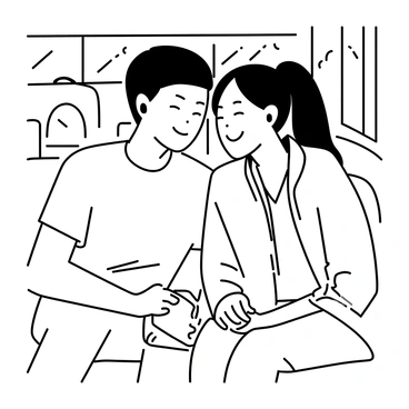 Two friends are sitting closely together on a school bus. Each friend has an earbud in one ear, connecting them to a single music device resting in the lap of one of them. The boy on the left has short hair and is wearing a casual t-shirt with a graphic design. He is smiling and slightly nodding his head to the rhythm of the music. The girl on the right has long hair tied in a ponytail and is wearing a light jacket over a blouse. She is leaning in slightly towards her friend, with a bright smile on her face. The bus seats are filled with other students, and the interior of the bus has visible window frames showing blurred scenery outside.