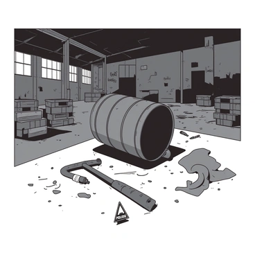 An abandoned warehouse is filled with scattered debris, including broken crates and torn pieces of cardboard. In the center, there is a overturned metal barrel with a few rusty tools lying around it. Dim light filters through cracked windows, casting shadows on the concrete floor covered in dust. A police evidence marker is placed next to a discarded piece of fabric. The walls are peeling, and there are remnants of old graffiti, adding to the eerie atmosphere of the scene.