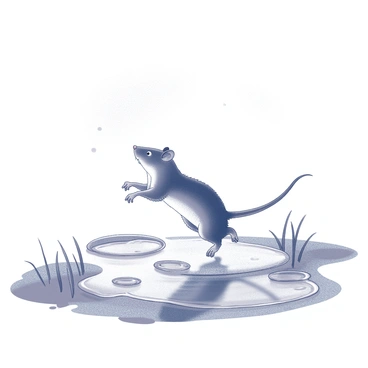 A shrew is splashing in several small puddles on a wet surface. The shrew is depicted mid-leap, with its tiny feet partially submerged in the clear water, causing droplets to scatter in all directions. Surrounding the shrew are patches of wet earth and blades of grass glistening with moisture. The sky above is filled with a light mist, indicating recent rain, creating a dynamic atmosphere of movement and playfulness.