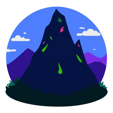 A tall, dark mountain with steep, jagged peaks rising prominently against the sky. Strange symbols in bright colors glow along its rocky slopes, illuminating the surface with a magical luminescence. The mountain is surrounded by dense, dark forests at its base, and a few wispy clouds drift around the summit. The background features a twilight sky with shades of deep blue and hints of purple, creating a sense of intrigue and mystery.