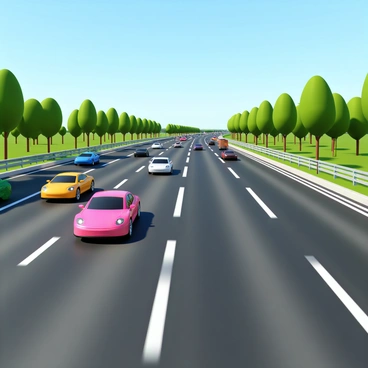 A wide highway scene featuring multiple cars in motion traveling in both directions. Each car is uniquely colored and designed, with visible feedback icons placed on their sides to represent different types of feedback. The highway has clear lane markings, and the surrounding landscape includes green trees and blue sky, creating a lively atmosphere. In the background, additional vehicles can be seen in the distance, enhancing the sense of movement on the highway.
