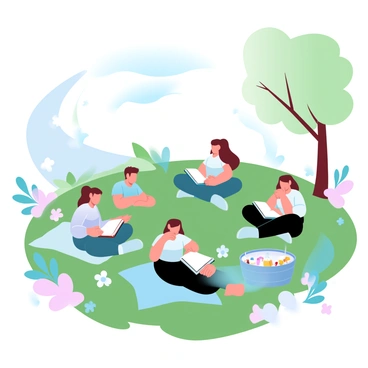 A group of students is scattered on a lush green lawn in a garden at BCU. Some students are sitting cross-legged, engrossed in their books, while others are lying back with their heads resting on their arms. A few have colorful blankets spread out beneath them. Surrounding them are blooming flowers in various shades, and gentle tree branches provide dappled shade. A picnic basket is placed nearby, with snacks and drinks visible. In the background, a serene pathway winds its way through the garden, inviting more visitors.