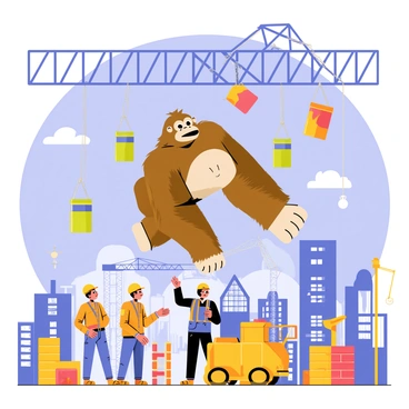 A large gorilla with brown fur, resembling "Donkey Kong," is creating chaos at a construction site. He is swinging from a set of metal girders overhead while tossing colorful barrels down towards the ground. Below, a group of construction workers in hard hats and orange vests are looking up in surprise and alarm. Various construction equipment like cranes and cement mixers are scattered around, with building materials such as bricks and scaffolding visible in the background. The sky is bright blue, providing a vivid contrast to the bustling scene below.