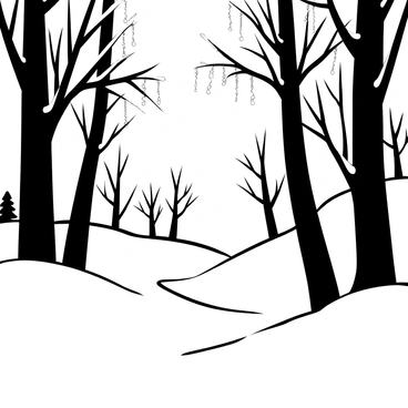 A winter forest scene featuring tall trees with branches heavy with snow. Icicles hang from the edges of the branches, reflecting sunlight and creating intricate patterns of light and shadow on the ground below. The landscape is blanketed in a thick layer of white snow, with patches of exposed dark tree bark visible among the white. In the background, there are more trees, adding depth to the scene. The sky is clear, suggesting a bright and crisp winter day.