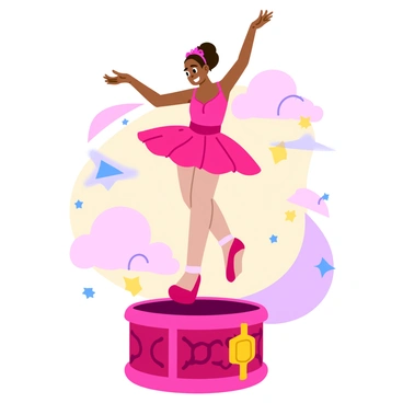 A graceful ballerina wearing a pink tutu and ballet slippers is dancing atop an ornate, round music box. The music box features intricate carvings and a shiny, golden key that glimmers in the light. The background is filled with soft pastel colors, swirling clouds, and sparkling stars, creating a whimsical atmosphere. The ballerina's arms are outstretched elegantly, and her hair is styled in a neat bun adorned with a small flower.