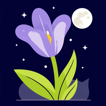 A mysterious night-blooming flower with delicate petals that are a deep shade of purple, glowing softly under the moonlight. The flower is surrounded by lush green leaves, creating a vivid contrast. A bright full moon is visible in the night sky, casting gentle light that enhances the flower's luminescence. Tiny sparkles of light around the flower suggest a magical atmosphere, with a few small stars twinkling in the background.