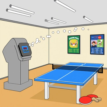 A detailed training facility with bright overhead lights and a smooth wooden floor. In the center, there is a large machine designed to shoot table tennis balls, featuring a sleek metallic body and a digital display on the front. The machine is positioned near a blue table tennis table, which has a white outline and is ready for play. A cascade of small white table tennis balls is being launched from the machine, flying through the air in various arcs, some nearing the table and others at different heights. A few ping pong paddles in vibrant colors are placed on the side of the table, ready for use. The background includes a wall with colorful sports posters and a scoreboard displaying training sessions.