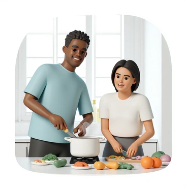 A mixed-race couple is cooking a traditional meal in a modern home kitchen. The man, of African descent, is wearing a light blue shirt and black jeans, while the woman, of Asian descent, is dressed in a white blouse and dark gray pants. They are both smiling and engaged in the process, with the woman stirring a pot on the stove and the man chopping vegetables on a wooden cutting board. Various ingredients, including colorful vegetables and spices, are spread out on the kitchen counter beside them. Bright sunlight streams in through a window, illuminating their cheerful expressions and the vibrant colors of the ingredients.