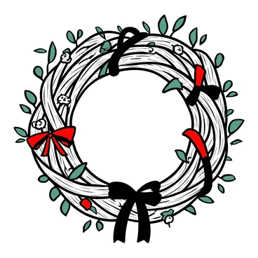 A circular wreath crafted from intertwined amla branches, showcasing their textured bark and lush green leaves. Vibrant red ribbons are elegantly tied around the wreath at several points, cascading down from the top. Small amla fruits are scattered throughout the wreath, adding detail and enhancing the natural elements. The background features a subtle suggestion of a wooden door, providing a contrasting backdrop to the festive wreath.