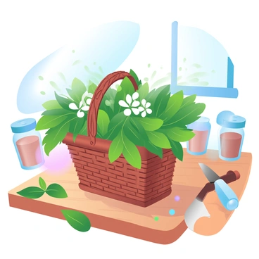 A wicker basket is overflowing with vibrant green basil leaves and delicate white flowers. The basket is placed on a wooden kitchen countertop that has a warm, sunlit glow. Sunlight streams through a nearby window, creating soft shadows on the surface. In the background, there are small jars filled with spices and a cutting board with a knife resting on it. A few basil leaves are scattered around the basket to enhance the fresh, organic feel of the scene.