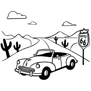 A vintage convertible car with a sleek design cruising along Route 66. The car has an open top and is shown from a side view, revealing its elegant curves and chrome details. The road stretches endlessly with distinctive Route 66 signage visible in the distance. There are desert landscapes with cacti and mountains lining the sides of the highway. The sky above is clear with white clouds.