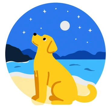 A yellow Labrador is sitting on a serene moonlit beach, gazing up at a starry sky filled with twinkling stars. The gentle waves of the ocean are lapping at the shore, creating a calm atmosphere. The moon casts a soft glow on the sand, highlighting the dog's sleek fur. In the background, silhouettes of distant cliffs are visible, adding depth to the scene. The Labrador's ears are perked up, and its expression is curious as it looks up at the night sky.