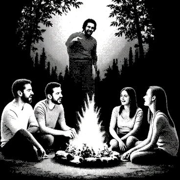 A diverse group of four people is sitting in a circle near a campfire, with flames flickering brightly in the center. Two men and two women are engaged in animated storytelling. One man has short hair and is gesturing expressively, while the other man, with a beard, leans forward, captivated. One woman has long hair and is smiling, while the other woman, with a ponytail, looks intrigued. They are surrounded by trees, and shadows are cast by the firelight, accentuating their features. They are sharing tales about "Frankenstein's monster," which is depicted in a stylized way as a large, hulking figure with bolts on its neck and a grim expression, hovering faintly in the background, emerging from the darkness.