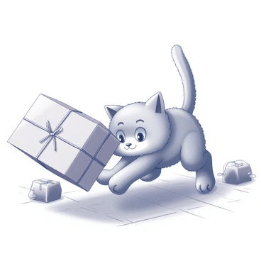 A small domestic cat with a fluffy coat is playfully pushing a small parcel across a wooden floor. The cat is crouched low, with its ears perked up and its tail held high, displaying a mischievous expression. The parcel is wrapped in plain brown paper with twine tied around it. The floor has visible wood grain, with scattered toys in the background to suggest a lively environment.