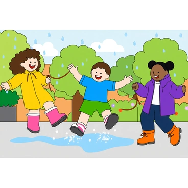 A group of three children is jumping rope in a sheltered area, surrounded by a colorful play area. The first child is a girl with curly hair wearing a yellow raincoat and bright pink boots, smiling widely. The second child is a boy with short hair, dressed in a blue t-shirt and green shorts, energetically hopping in the air. The third child is a girl with pigtails, wearing a purple rain jacket and orange galoshes, holding one end of the rope. Raindrops are visibly falling around them, creating splashes on the ground, while the children look joyful and playful. The background features vibrant green trees and colorful flowers, enhancing the cheerful atmosphere.
