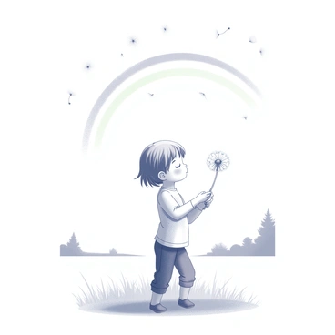 A child stands in a field, holding a dandelion puff in their hands. The child is blowing gently on the dandelion, causing the delicate seeds to disperse into the air. The seeds are caught mid-flight, forming an arc above the child. The arc is composed of ethereal shapes that suggest the transformation into a rainbow. The child is wearing a simple outfit, with their hair blowing lightly in the breeze. The background features soft grass and distant trees, enhancing the sense of a serene outdoor setting.