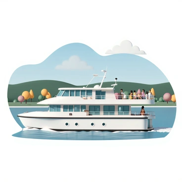 A luxurious river cruise ship, featuring a sleek white hull and multiple decks, gliding smoothly on calm waters. The ship is adorned with elegant decor, including large glass windows and comfortable seating areas. Passengers, dressed in summer attire, are gathered on the upper deck, some leaning on the railings, gazing at the scenic landscape. In the background, lush green hills and vibrant trees line the riverbanks, while a clear blue sky overhead enhances the beauty of the scene. A few passengers are taking photographs, while others are engaged in conversation, enjoying the relaxing atmosphere of the cruise.