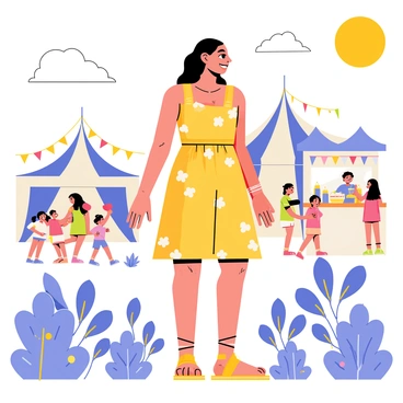 A young woman named "Amy" is standing in the middle of a flower festival. She is wearing a bright yellow sundress adorned with floral patterns. Surrounding her are vibrant "blue blossoms" of various sizes and types, creating a colorful atmosphere. In the background, there are tents decorated with strings of lights and festival banners. A group of children is joyfully playing nearby, and a small food stall is visible, selling refreshments. The sun is shining brightly in the clear sky, illuminating the scene with warmth and cheer.
