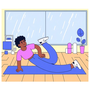 A person doing fire hydrant exercises inside a gym while rain pours outside the window