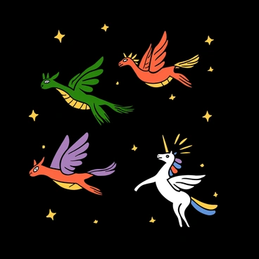 Majestic, mythical beasts flying majestically across a starry night