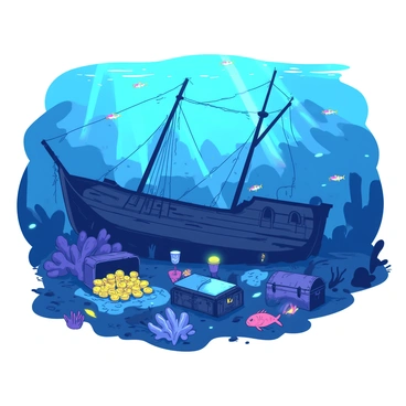 A sunken pirate ship rests on the ocean floor, partially covered in coral and seaweed. The hull of the ship is made of dark, weathered wood, with broken masts and tattered sails. Around the ship, various treasures such as gold coins, jeweled goblets, and ornate chests are scattered, each glowing with an eerie “ohr” light. The underwater scene is illuminated by this mysterious glow, creating an enchanting atmosphere. Schools of colorful fish swim around the ship, and shafts of light from the surface pierce through the water, adding depth to the scene.