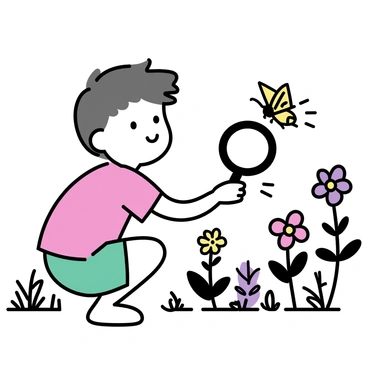 A child with short brown hair, wearing a red t-shirt and green shorts, is crouching down in a vibrant garden. The child is holding a large magnifying glass up to a brightly colored insect, which has intricate patterns on its wings. Surrounding the child are various plants and flowers, showcasing shades of red, yellow, and purple. The sunlight filters through the leaves, creating a warm atmosphere in the garden.