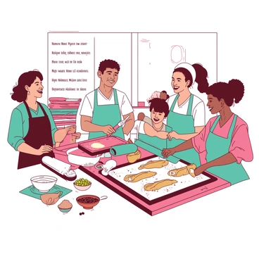 In a bright kitchen, a group of enthusiastic participants is engaged in a baking class focused on making cannoli from scratch. The scene features a mix of individuals of different ages and backgrounds, all wearing aprons. On the counter, there are bowls filled with flour, sugar, and ricotta cheese. One participant is rolling out dough with a teal rolling pin, while another is filling a cannoli shell with a creamy white filling using a piping bag. Ingredients such as chocolate chips and pistachios are spread out on the counter. In the background, there are trays of finished cannoli dusted with powdered sugar, and a large white board displaying the recipe for everyone to follow.