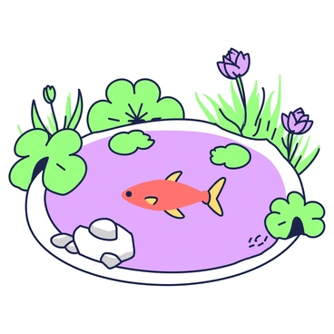 A garden pond is surrounded by lush green plants and flowers. The pond has smooth water reflecting the sky above. In the center of the pond, a single "redfish" glides calmly through the water. The fish is sleek and elongated with flowing fins. Lilies float gently on the surface of the pond, their leaves creating a natural frame around the fish. A few small rocks are placed at the edge of the pond, partially submerged in the water. Tiny ripples form around the fish as it swims, adding a touch of movement to the serene scene.