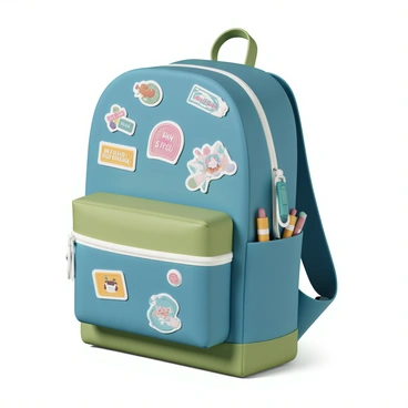 A school bag, made of sturdy fabric, features a variety of colorful patches and stickers affixed to its surface. The patches display various designs, including animals, symbols, and slogans, each representing different interests and hobbies of the student. Some stickers are whimsical, showcasing designs of popular characters and vibrant graphics. The bag is unzipped slightly, revealing some books and stationery peeking out. The overall colors of the bag are a mix of bright blue and green, creating an eye-catching appearance. The straps are padded for comfort, and a small keychain hangs from one side, adding a personal touch.