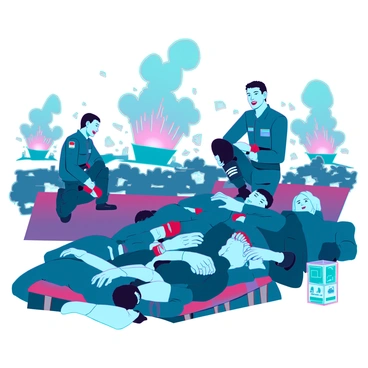 A group of medics in tactical uniforms, displaying determination and focus, is tending to wounded soldiers on a chaotic battlefield. There are multiple injured soldiers lying on the ground, with visible bandages and medical supplies around them. The medics are applying first aid, carefully wrapping wounds and providing comfort. Smoke and debris fill the air, and there are distant explosions, adding to the intensity of the scene. The expressions of the medics reflect their commitment to saving lives despite the surrounding turmoil.