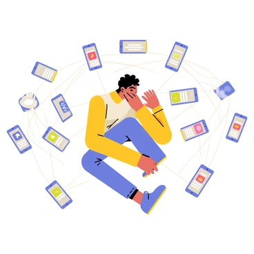 A person sitting on the floor, surrounded by multiple digital devices including smartphones, tablets, and laptops. Each device displays colorful icons of popular addictive apps such as social media, games, and streaming services. The devices are connected by a visible, intricate web-like structure made of thin lines, representing a digital network. The person looks overwhelmed, with hands touching the screens of several devices at once, surrounded by a chaotic array of notifications and alerts.