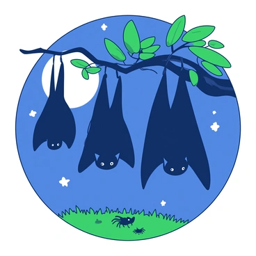 A group of small bats with dark fur are hanging upside down from a gnarled tree branch. The branch is adorned with vibrant green leaves, providing a contrast against the night sky. The moon is bright and full, illuminating the scene with a soft glow. The bats have their wings slightly spread, showcasing their delicate wingspans. A few twinkling stars are visible in the background, enhancing the nighttime atmosphere. Crickets can be seen in the grass below the tree, adding to the natural setting.