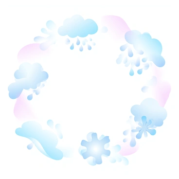A collection of classic weather symbols is displayed on a gradient pastel background. The sun is illustrated as a bright circle with rays extending outward, radiating warmth. Fluffy clouds are scattered across the scene, some partially covering the sun. Raindrops are depicted as small blue teardrops falling from a cloud, creating a sense of rainfall. Delicate snowflakes are shown as intricate, symmetrical designs, fluttering down from another cloud. Each symbol is distinct, creating a vibrant representation of various weather conditions.