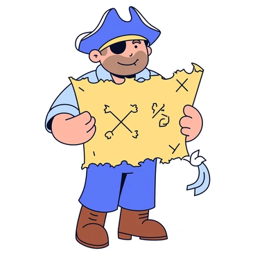 A pirate with a rugged appearance is holding an ancient, tattered treasure map. The map features faded ink and frayed edges, with a prominent “X” marking the spot of buried treasure. The pirate wears a weathered tricorn hat and has an eye patch over one eye. He stands confidently, gazing at the map with an adventurous expression. In the background, there are hints of tropical foliage and a sandy beach.