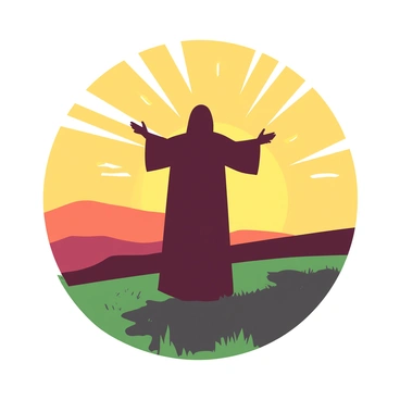 A preacher in a dark robe stands on a grassy hill, arms outstretched as if delivering a message. The figure is silhouetted against a vibrant sunrise, with rays of light emerging from the horizon. The sky is filled with gradients of warm colors, transitioning from yellow at the horizon to a deeper shade as it rises. The hill is gently sloped with patches of green grass peeking through the silhouette of the preacher.