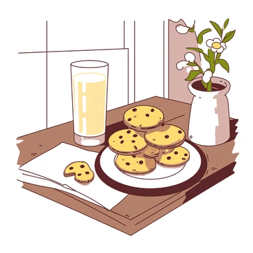 A white plate stacked high with golden-brown cookies sits on a wooden kitchen table. The cookies are slightly warm, with a few chocolate chips visibly melting. Next to the plate, a tall glass of creamy milk stands, reflecting the soft light coming from a nearby window. The table has a rustic finish, and a small vase with fresh flowers can be seen in the background, adding to the inviting atmosphere.