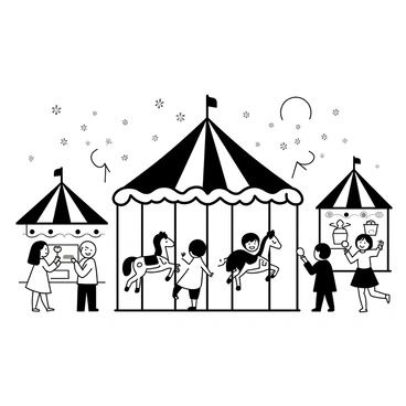 A winter fair scene with a carousel at the center, featuring intricately designed horses. Surrounding the carousel are several food stalls with striped canopies displaying various treats, such as popcorn and warm beverages. Children are playing and laughing, some riding the carousel while others are holding cotton candy. Snowflakes are gently falling from the sky, adding to the festive atmosphere. The background includes trees adorned with lights and decorations.