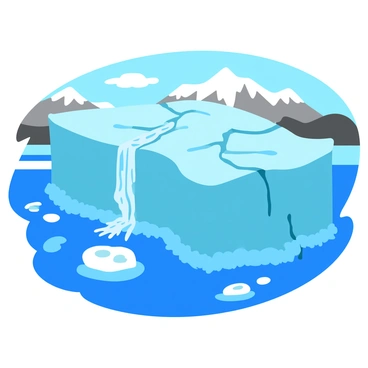 A large melting glacier with its icy blue surface showing cracks and crevices. Streams of clear water cascade down the sides of the glacier, flowing into a shimmering ocean nearby. The ocean water reflects the sunlight, creating sparkling highlights on the surface. Small icebergs float in the ocean close to the shore, and there are splashes of white foam where the water meets the land. In the background, rugged mountains rise majestically against the sky.