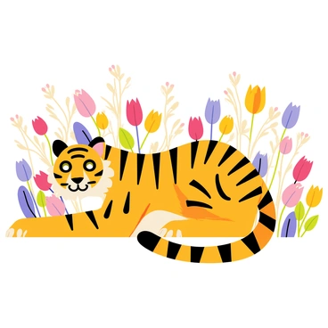 A tiger with vibrant orange and black fur is camouflaged among a field of colorful flowers. The flowers have a diversity of colors, including pink, yellow, and purple, with some petals swirling elegantly to mimic the stripes of the tiger. The tiger is lying down, with its eyes partially closed, blending seamlessly into the floral backdrop. The sunlight casts a warm glow over the scene, highlighting the delicate petals and the tiger's powerful form.
