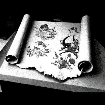 A weathered scroll is unfurling across an ancient stone table. The scroll is textured, showing signs of age and wear, with frayed edges. Detailed illustrations of mythical gothic creatures emerge from the scroll, each creature showing intricate features such as wings, horns, and elaborate patterns. The stone table has a rough surface, adding to the historical feel of the scene. The background consists of a dimly lit environment, enhancing the mysterious atmosphere surrounding the scroll and its illustrations.