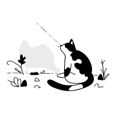 A cat with distinct fur patterns sitting upright, with its body slightly tensed, gazing intently at a shadow on the ground. The shadow appears elongated and ambiguous, stretching across the surface. Surrounding the cat are scattered leaves and twigs, enhancing the natural setting. The background features elements of grass and small stones, contributing to an outdoor scene.