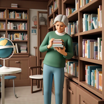 A customer, a middle-aged woman wearing a green sweater and blue jeans, stands in a quaint, old-fashioned bookstore. She is flipping through a stack of colorful books on a wooden shelf. The store is filled with rustic wooden shelves, each lined with various books. Soft lighting illuminates the cozy space, highlighting the rich textures of the books and the warm wood tones. In the background, there are small tables with reading lamps and a comfortable armchair in the corner. A vintage globe sits on one of the shelves, adding to the old-world charm of the bookstore.