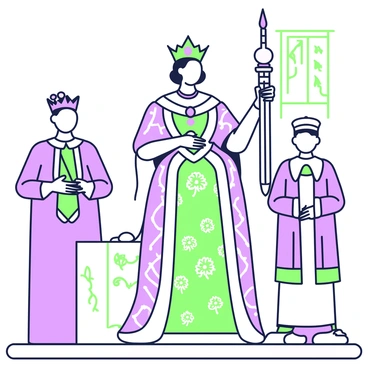 A regal queen is standing tall on a grand stage during a royal ceremony. She is adorned in an intricately designed gown with elaborate patterns. In her right hand, she holds a ceremonial sword, which is gleaming and displayed prominently. The sword has a detailed hilt, and she grips it confidently. The queen's crown, embellished with jewels, rests majestically on her head. Beside her, there are two royal attendants, dressed in traditional attire, standing respectfully. In the background, banners and ornate decorations signify the importance of the occasion.