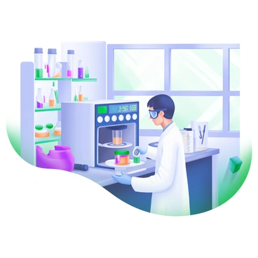 A lab technician wearing a white lab coat and safety goggles is focused on a testing machine, carefully examining quality control samples. The testing machine, sleek and modern, displays various readouts and has samples placed securely in its compartments. The clean lab is well-lit, featuring glass shelves filled with neatly organized lab equipment and containers. There is a workbench to the side, equipped with additional tools and paperwork. A large window allows natural light to stream in, illuminating the sterile environment.