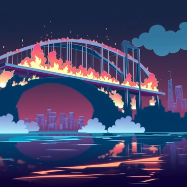 A bridge burning at night, with fiery reflections dancing on the water below