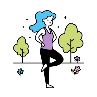 A female anime character with long, flowing blue hair is practicing yoga in a park. She is dressed in stylish athletic wear, consisting of a fitted purple tank top and black leggings. The character is in a yoga pose, balancing gracefully on one leg with the other bent at the knee. Surrounding her are green trees and vibrant flowers, adding a natural touch to the scene. The sunlight filters through the leaves, creating dapples of light on the ground around her.