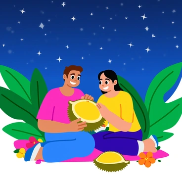 A couple sitting closely together on a blanket, sharing a large durian, with the iconic spiky exterior visible. The night sky above is filled with numerous bright stars, creating a canopy of twinkling lights. Surrounding them are lush tropical plants with large green leaves and colorful flowers, adding to the vibrant atmosphere. The couple displays joyful expressions as they take turns tasting the durian, capturing a moment of connection and delight. The soft glow of the stars reflects off their faces, enhancing the romantic ambiance of the scene.