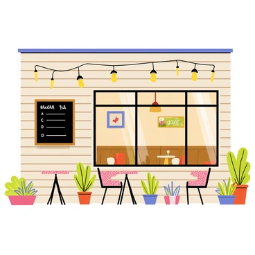 A cozy local bistro with outdoor seating and a chalkboard menu