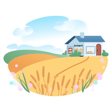 A golden wheat field stretches across the foreground, with tall stalks swaying gently in the breeze. In the background, there is a small boulangerie with a charming facade, featuring a rustic wooden door and a large window displaying freshly baked bread. The clear blue sky above is bright and unclouded, casting soft light over the serene landscape. The field is dotted with patches of green grass and wildflowers, adding small bursts of color to the scene.